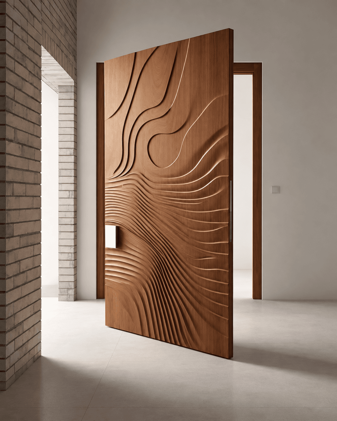 Flowing Grain Relief wooden main door displayed in a minimalist contemporary interior, featuring sculptural wave-like relief lines and a warm natural wood finish.