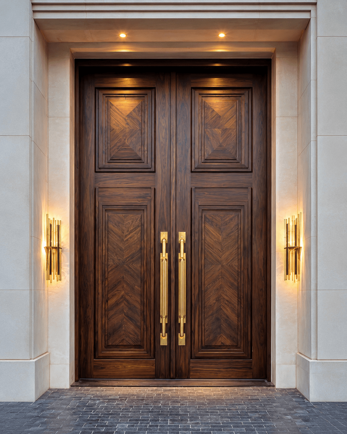 HERITAGE luxury wooden double main door installed at a premium residential entrance, featuring layered rectangular panels, herringbone detailing and elongated gold-tone handles.