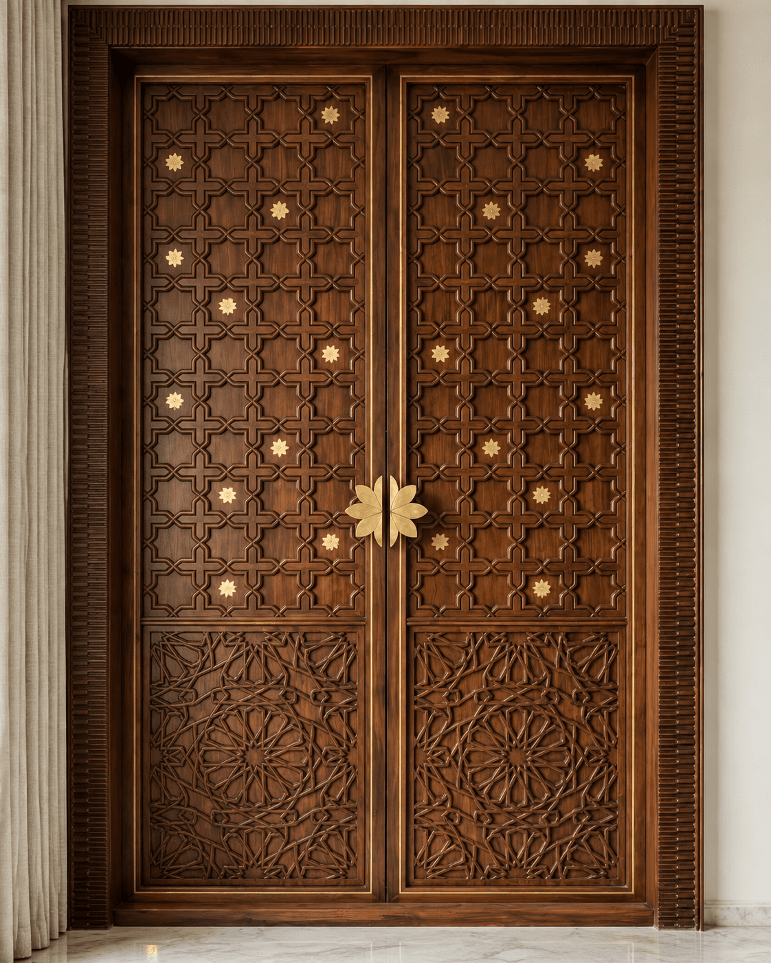 Floral Lattice Carved Double Main Door installed in a luxury interior, featuring rich walnut-toned wood, geometric lattice carving, gold floral accents and an ornate centre handle.