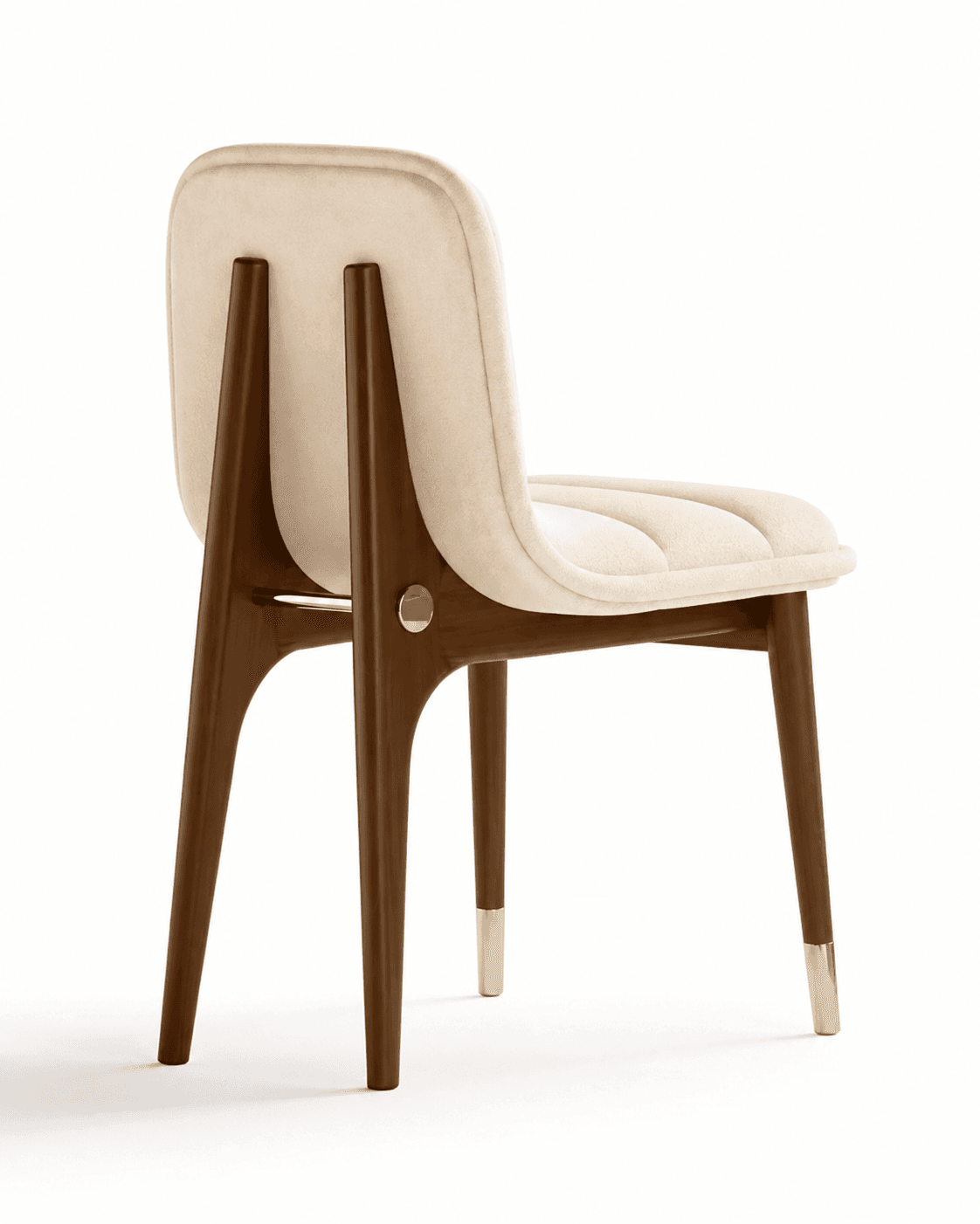 ELARA premium dining chair with a walnut wooden frame, ivory upholstered seat and back, and tapered legs on a white background.