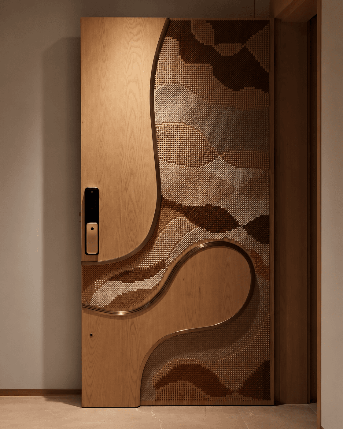 Organic Woven Relief Main Door installed in a warm contemporary interior, featuring curved organic wood framing, a patterned woven-texture surface and a modern electronic door handle.