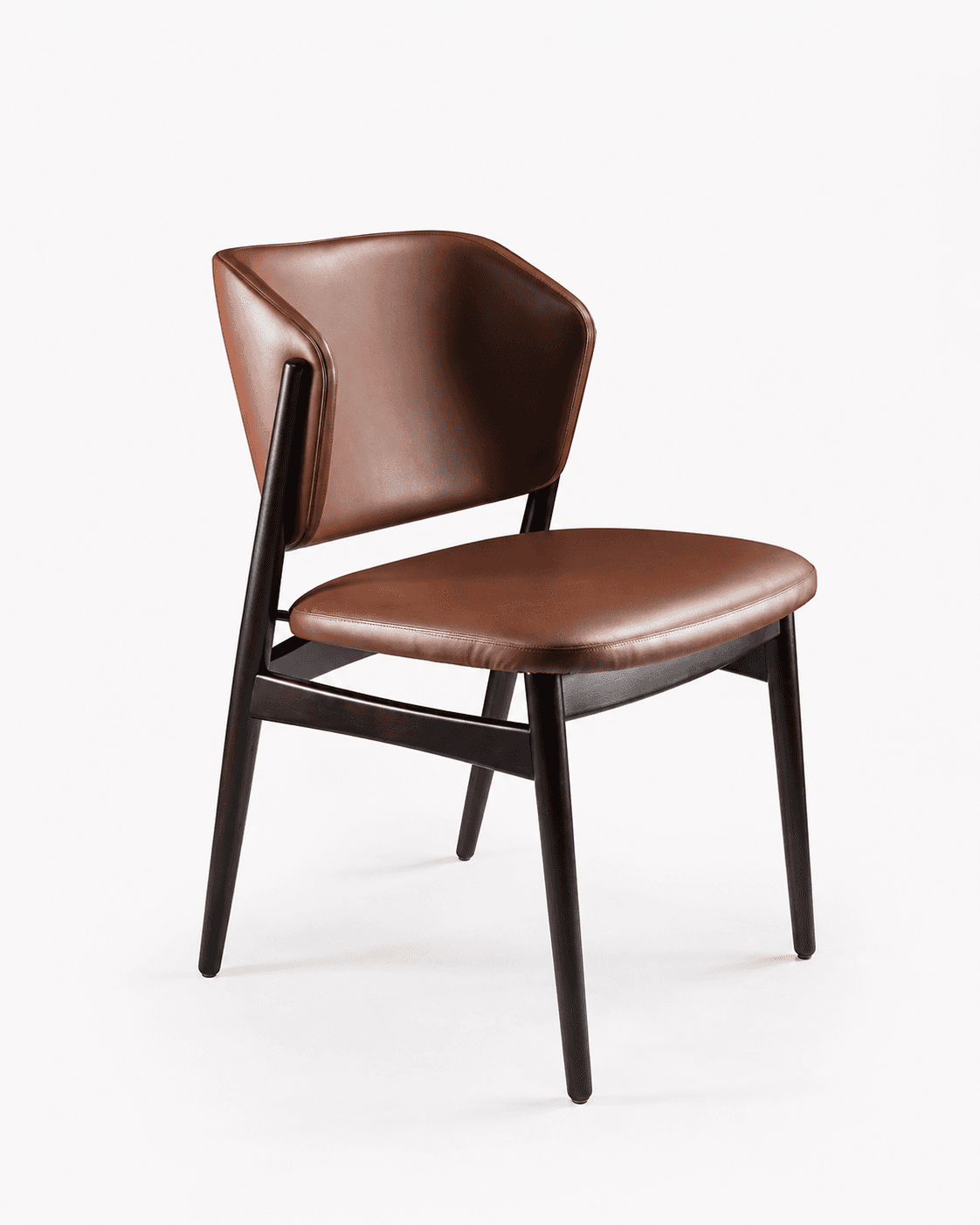 rasahaus MILO premium brown upholstered dining chair with sculpted wooden back and tapered legs