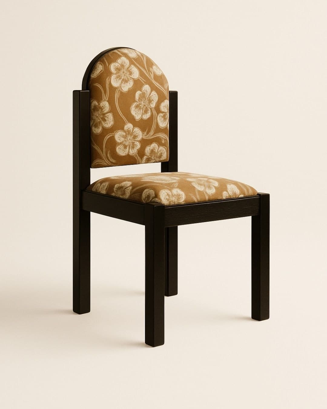 PALOMA premium dining chair with high arched back, brown floral patterned upholstery and dark espresso wooden frame.