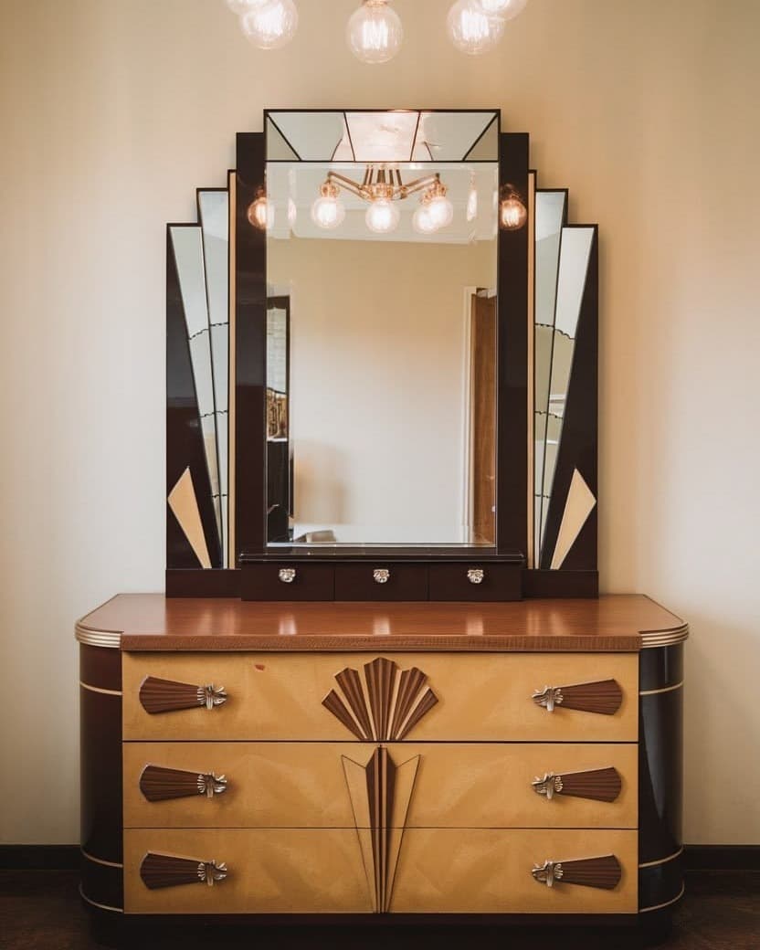 BRILLO Art Deco dressing mirror by rasahaus with angular mirrored sections, layered wooden framing and integrated drawer unit.