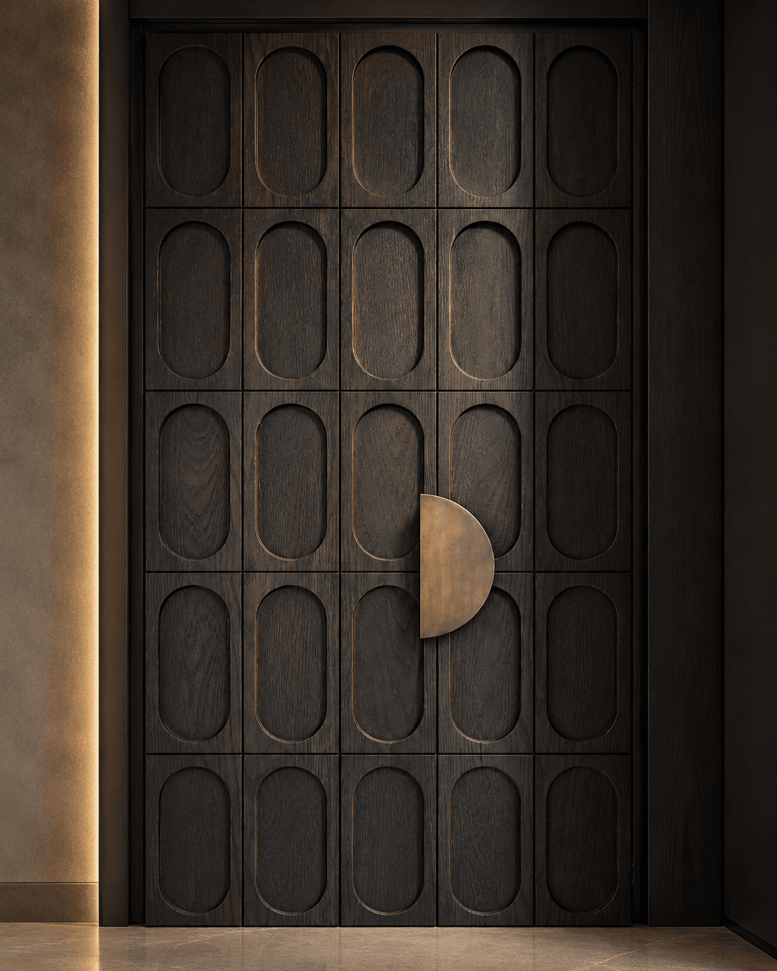 Dark Oval Relief Main Door installed in a sophisticated contemporary interior, featuring repeated rounded-arch relief panels, a dark wood finish and a large half-moon metallic handle.