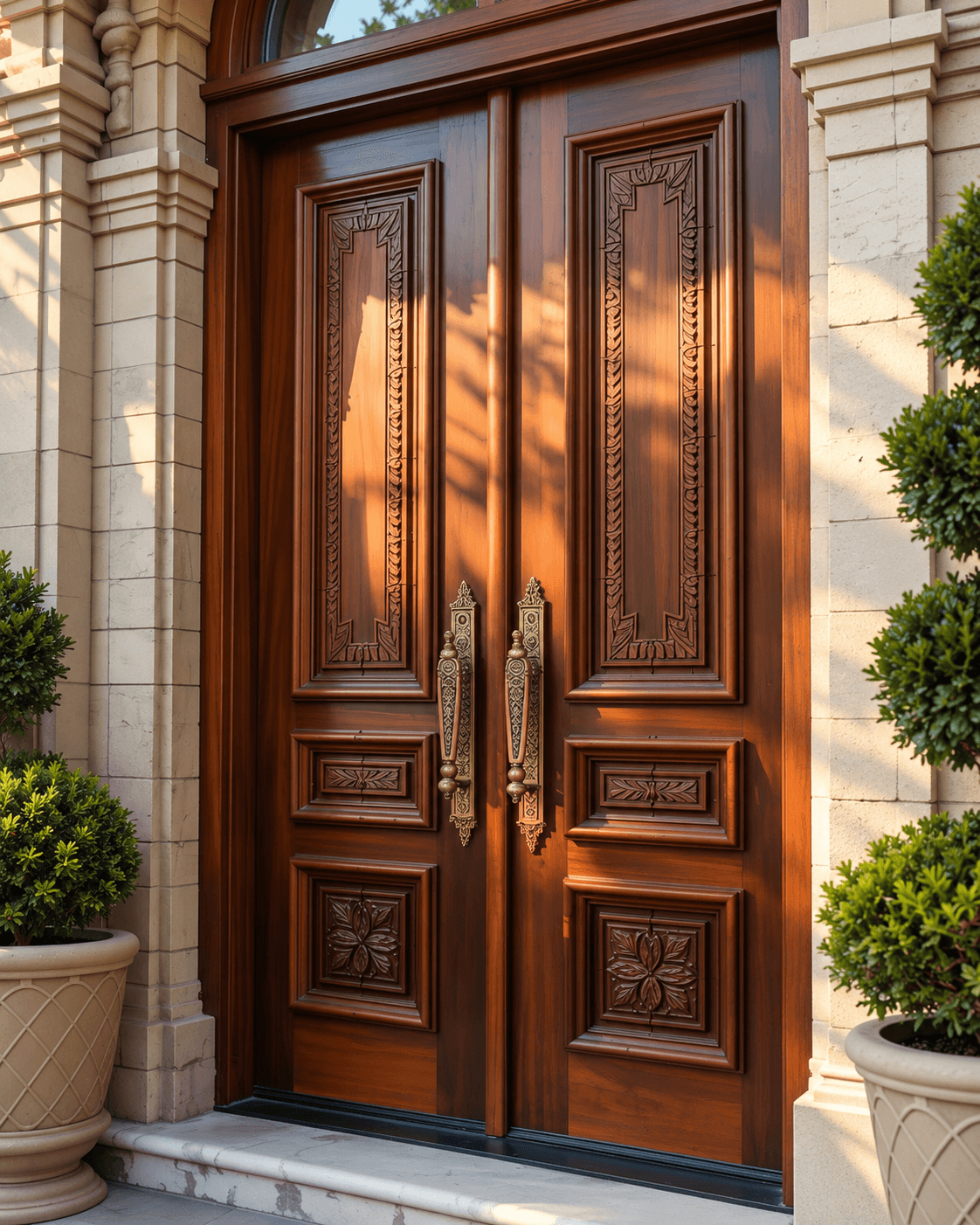 REGENT luxury carved wooden double main door installed at an elegant residential entrance, featuring ornate panels and decorative brass-tone handles.