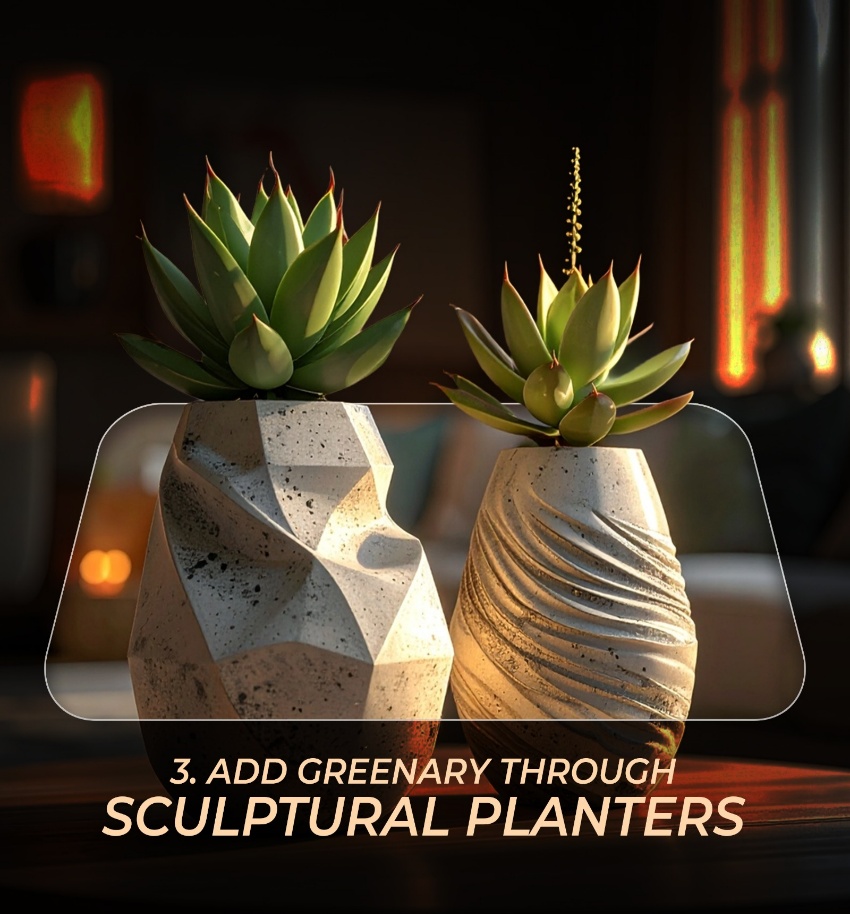 Two sculptural concrete planters with succulents on a side table